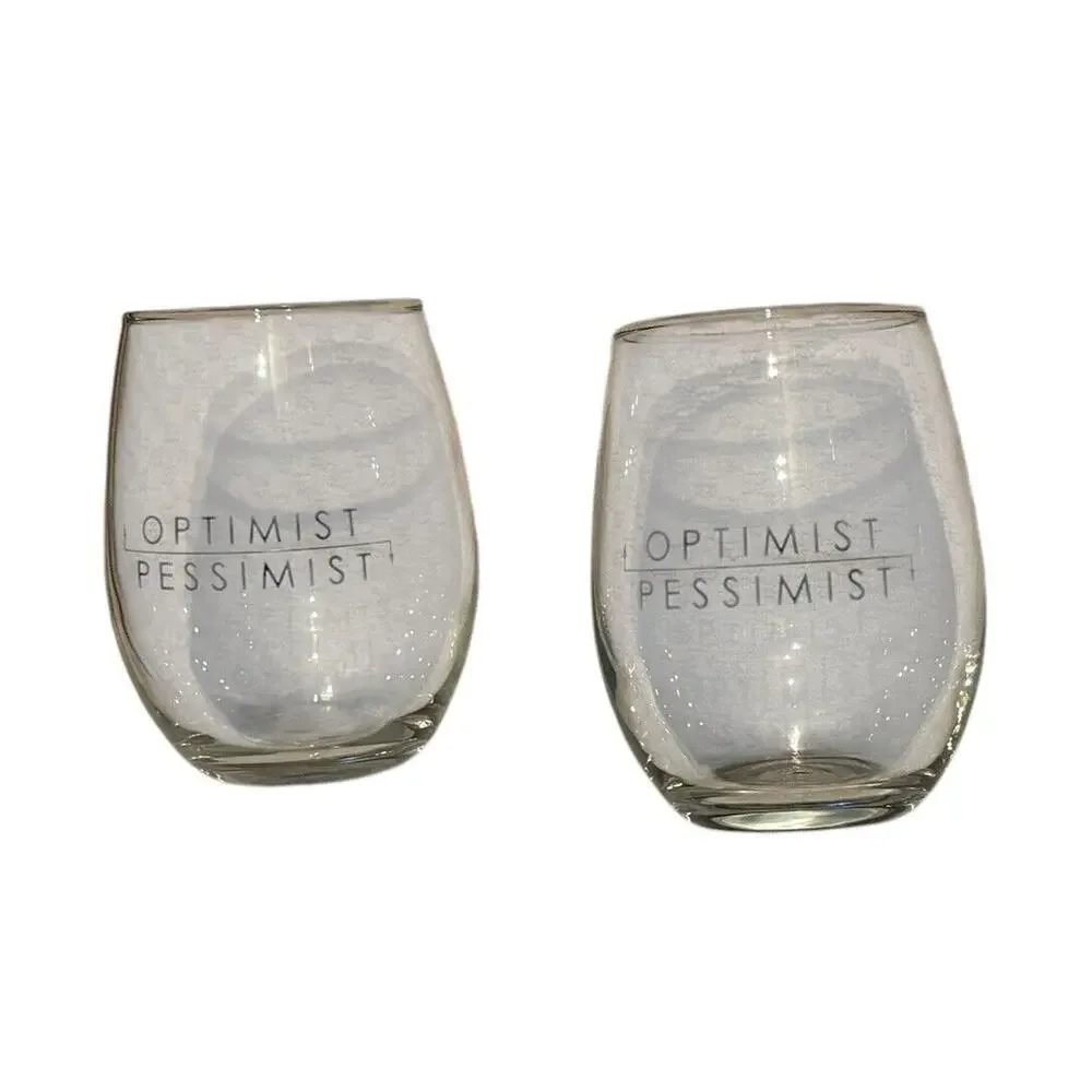 Optimist Pessimist Stemless Wine Glasses (2) Brunch Breakfast‎ Mimosas Glass
